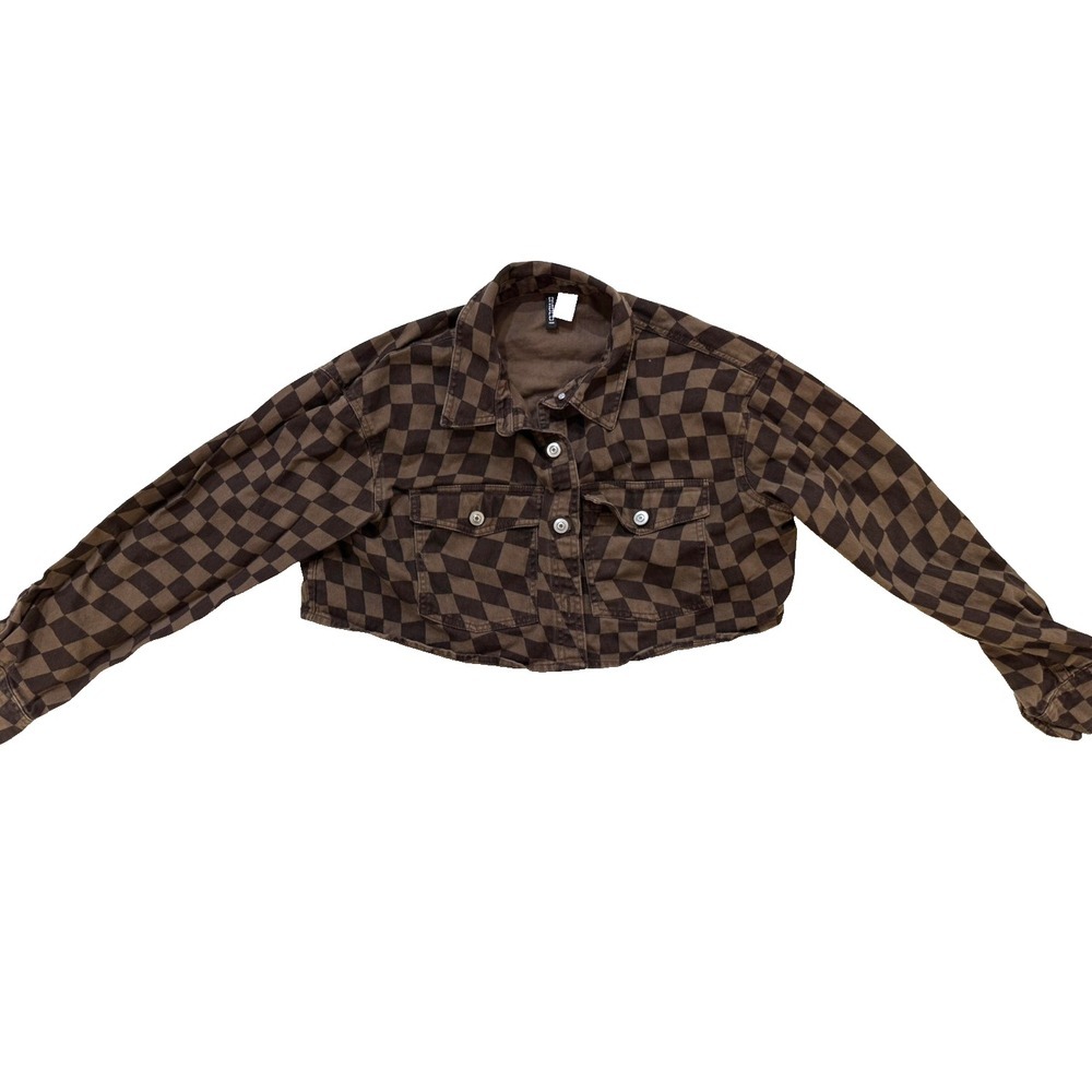 H&M Jacket Womens Medium Brown Checkerboard‎ Cropped Denim Button Quiet Money
